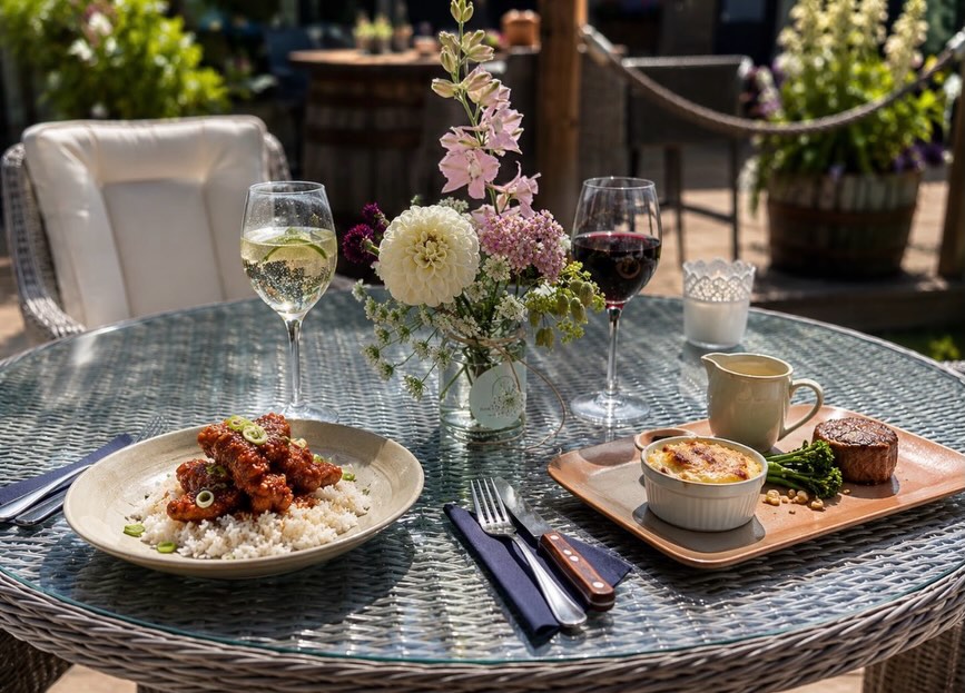 Korean chicken with rice in the bistro garden